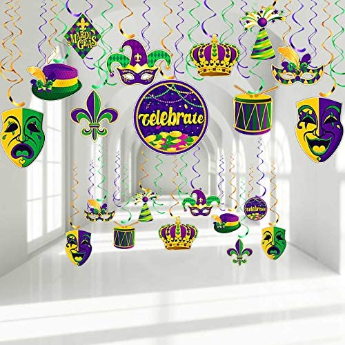 30 Pieces Mardi Gras Decorations Party Supplies Mardi Gras Tinsel Garland Hanging Swirl Decorations Colorful Garland Crown Mask Sign Ceiling Decor for Mardi Gras Masquerade New Orleans Party