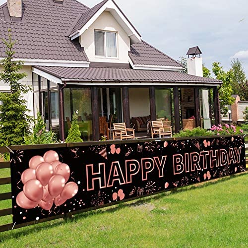 Pimvimcim Happy Birthday Banner Decorations, Large Birthday Party Sign Supplies for Women Girls, Rose Gold Birthday Decor Backdrop Photo Booth for Yard Indoor Outdoor(9.8x1.6ft)