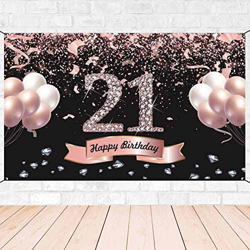 Trgowaul 21st Birthday Decorations for her - Rose Gold 21st Birthday Backdrop for Women 21st Birthday Party Supplies Photography Supplies Background Happy 21st Birthday Banner