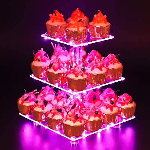 YestBuy 3 Tier Square Cupcake Stand - Premium Cupcake Holder - Acrylic Cupcake Tower Display - 3 Tier Acrylic Display for Pastry + LED Light String - Ideal for Weddings, Birthday Parties( Pink Light)