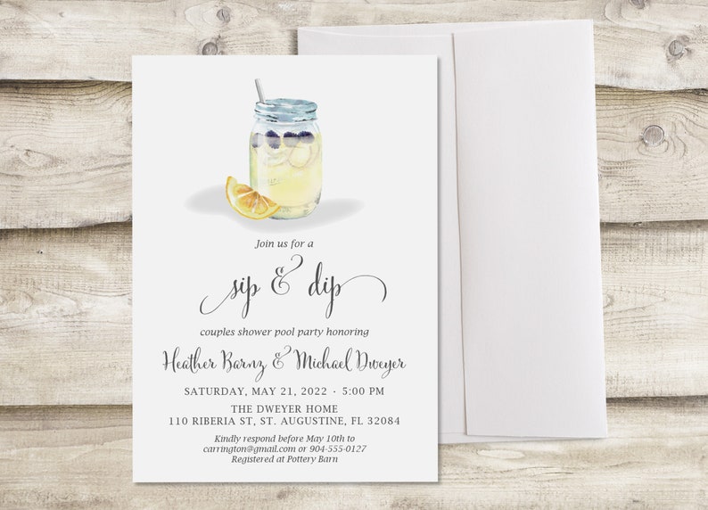 Sip & Dip Couples Pool Party Bridal Shower Invitation, Cocktail Party Wedding Shower, Birthday Party, Rehearsal Dinner, Mojito Tropical