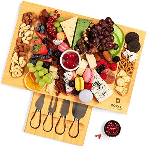 Unique Bamboo Cheese Board, Charcuterie Platter & Serving Tray Including 4 Stainless Steel Knife & Thick Wooden Server - Fancy House Warming Gift & Perfect Choice for Gourmets (Bamboo)