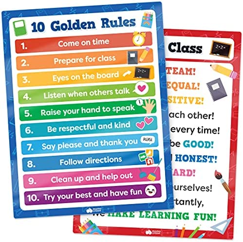 Classroom Rules Posters For Kindergarten Elementary Middle School - 22” x 17” Glossy Lamination 2pcs - Classroom Decorations Supplies For Elementary Teacher Supplies