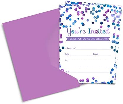 Paper Clever Party Purple Confetti Invitation and Envelope Pack of 15 – Blank Invite Set for Girls Baby Shower, Birthday, Teens, Kids, Any Event - Abstract Dot Design – Printed 4x6 Size Cards