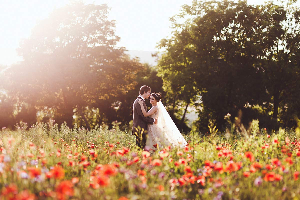 20 something white man in suit and white women in white wedding dress, hugging each other outside in a field of red flowers at sunset