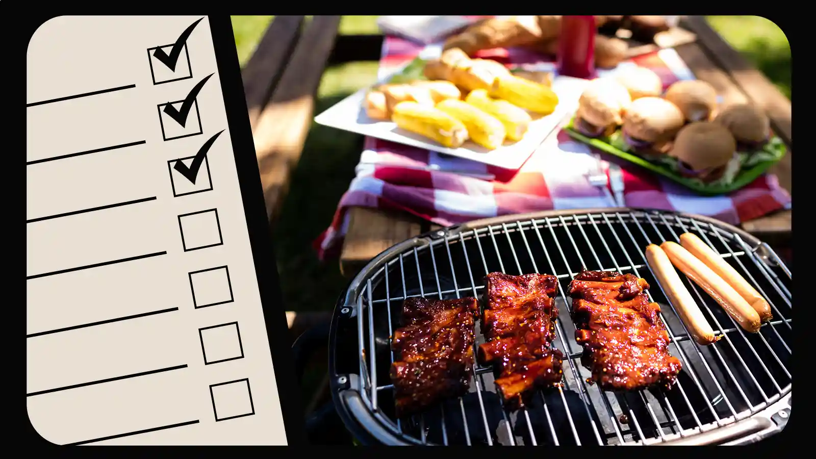 Checklist graphic next to a backyard barbecue scene with ribs and hot dogs on a grill and picnic food, representing planning a BBQ checklist