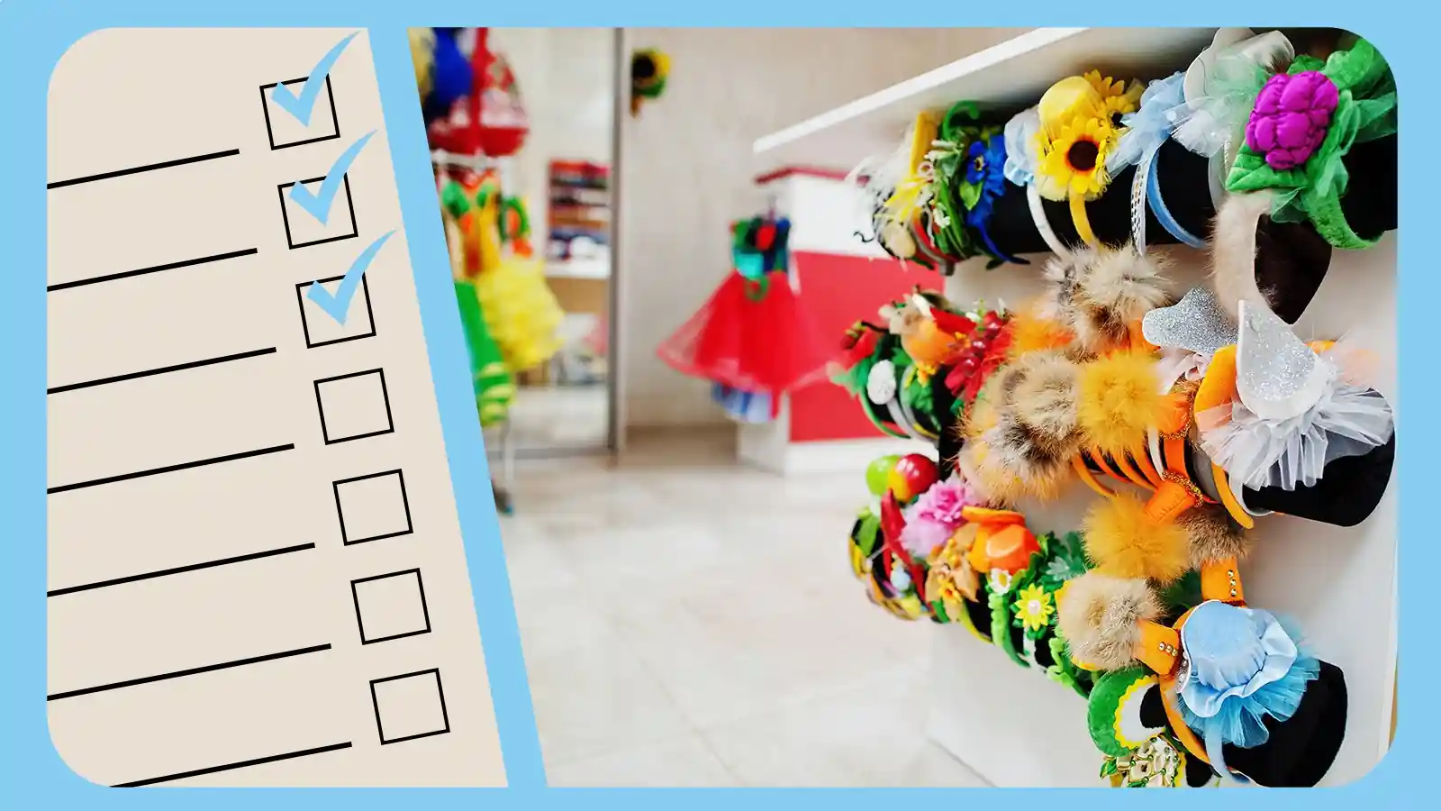 Costume party checklist graphic next to a display of colorful costume accessories and headpieces, representing planning and organizing a costume party