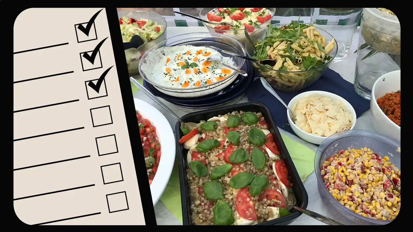 Potluck party checklist graphic next to a table filled with homemade dishes and salads, representing organizing and planning a potluck event