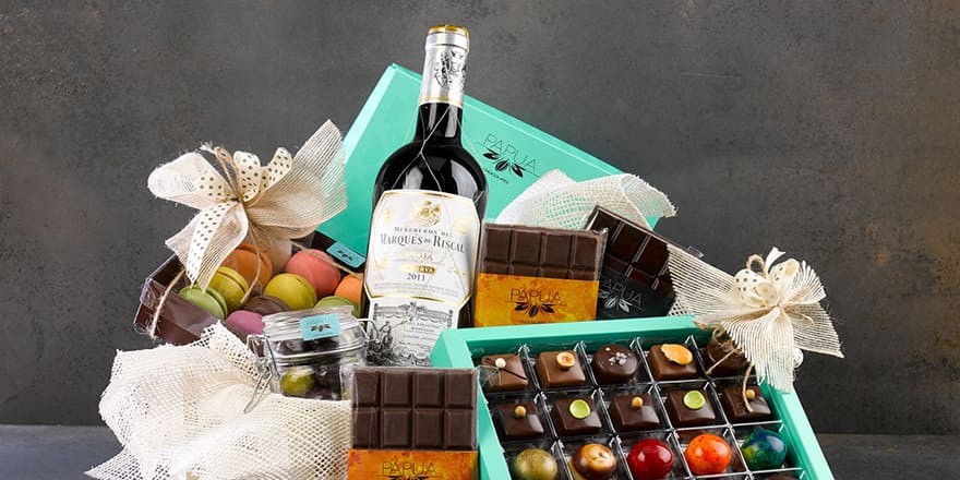 A pile of chocolates and wine 