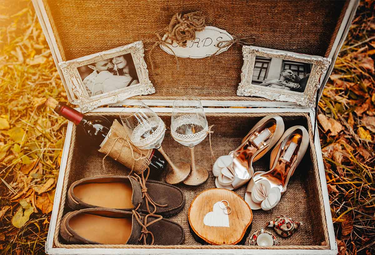 Case filled with various wedding accessories