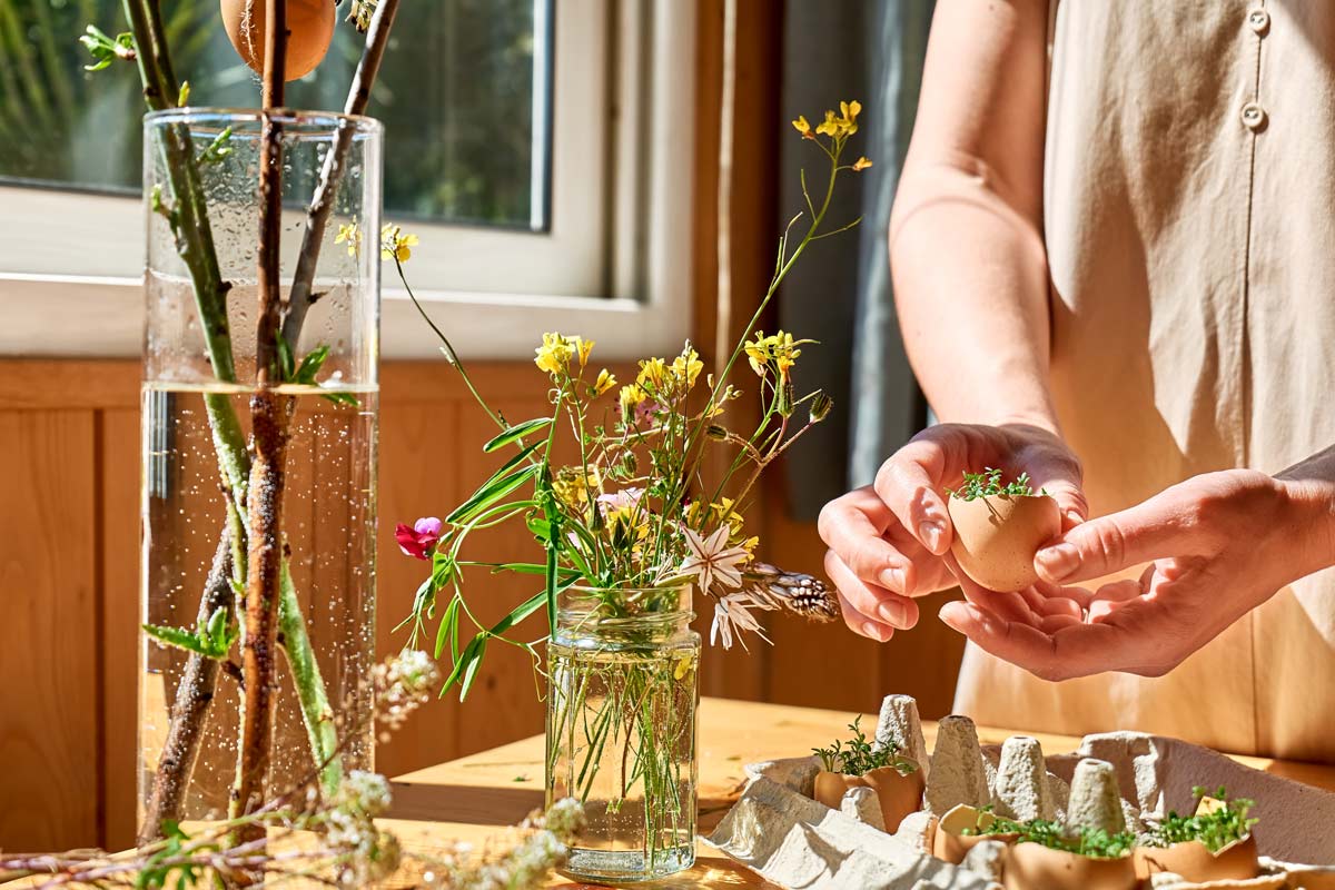 White hands holding an egg with plants in it, with flowers in two glass jars next to them on a wooden table