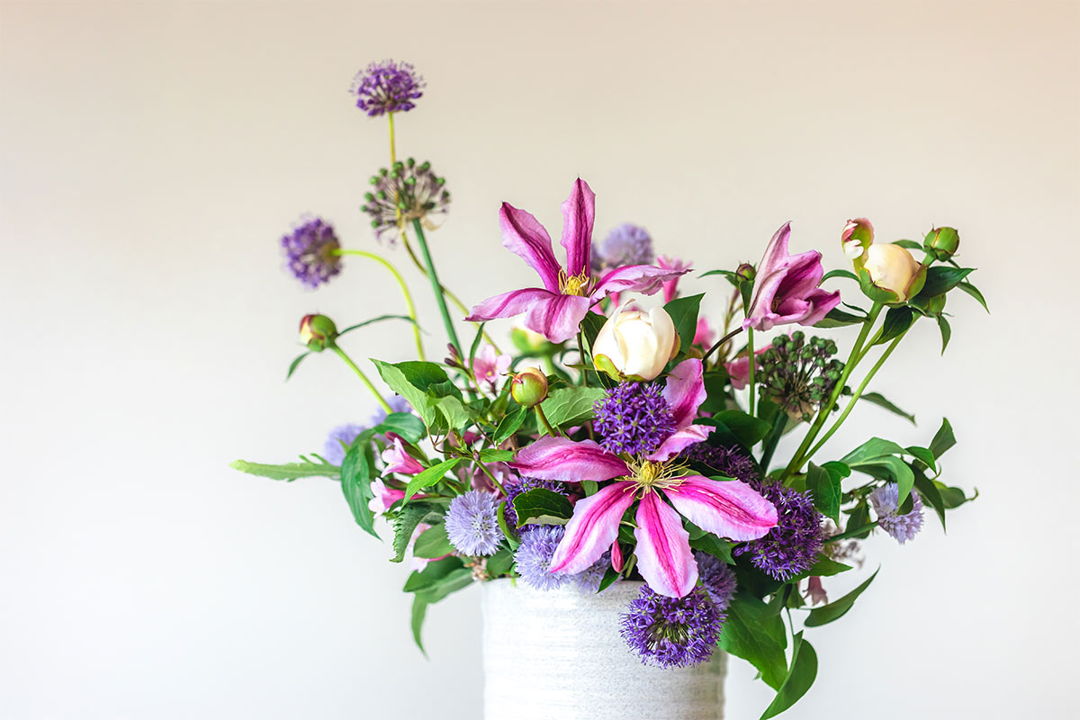 PInk and purple flowers in a white vase, with a white plain background. 