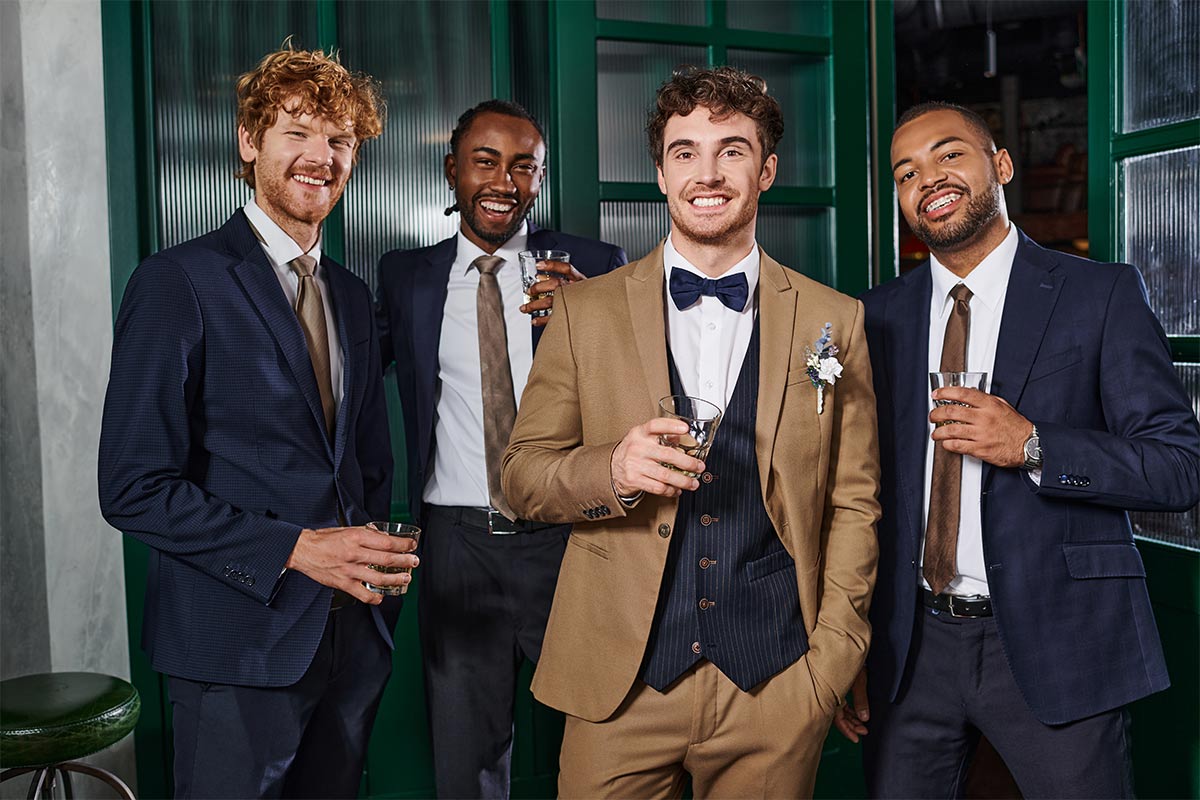 A white 30-something groom and a group of multiracial groomsmen drinking and smiling