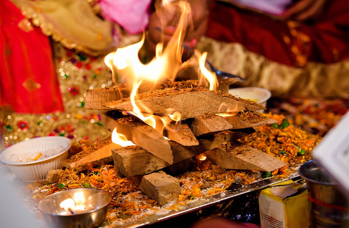 A sacred Hindu fire on a silver plate