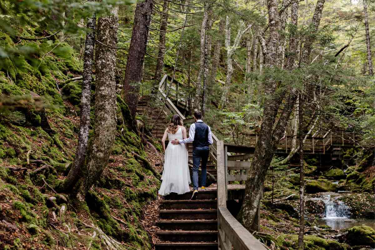 A bride and groom walk up wooden steps in a forest