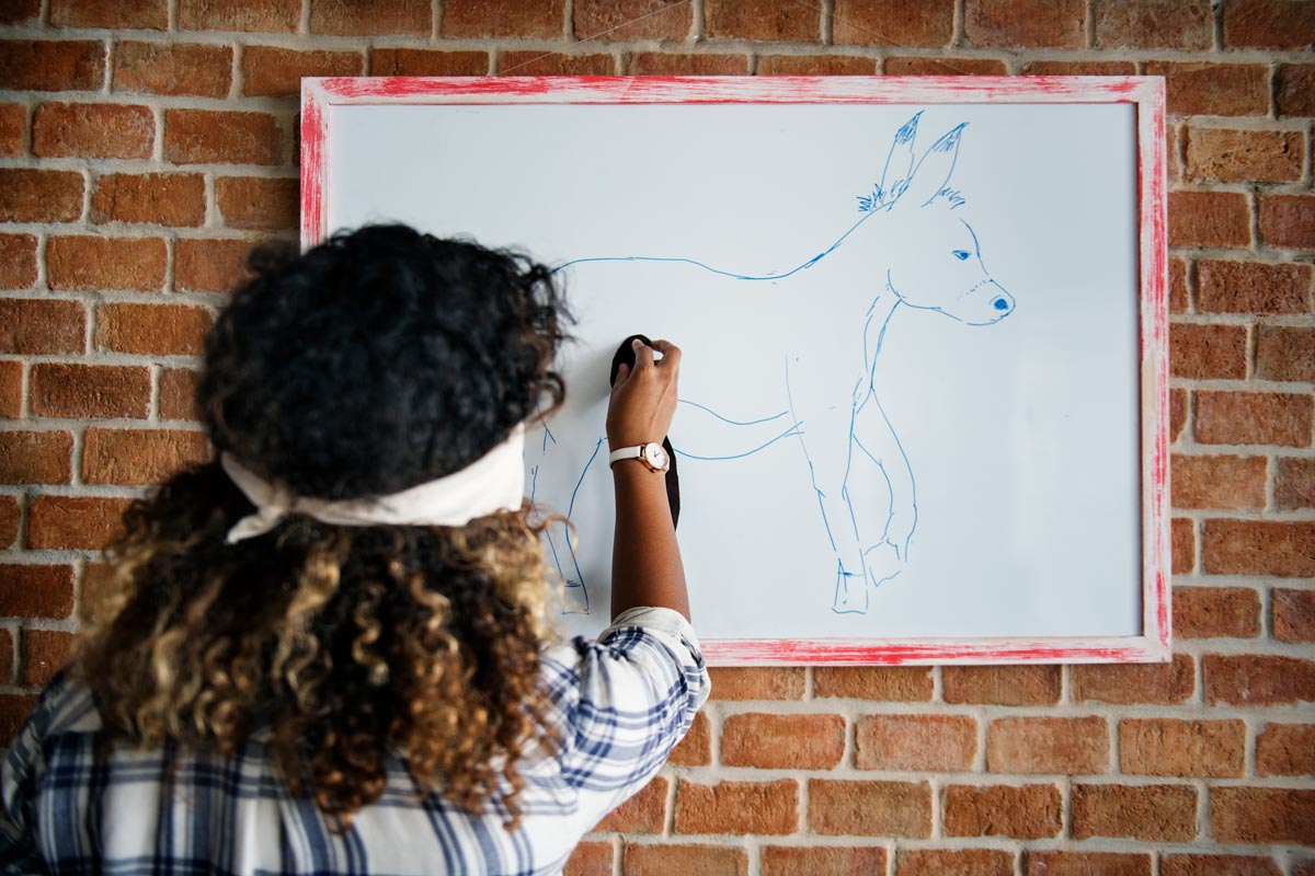 Black 20 something girl with blindfold drawing image of donkey