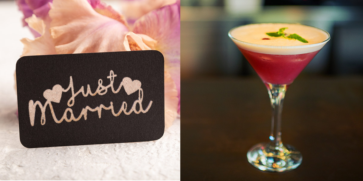 Cocktail with a name tag that says “Just Married”