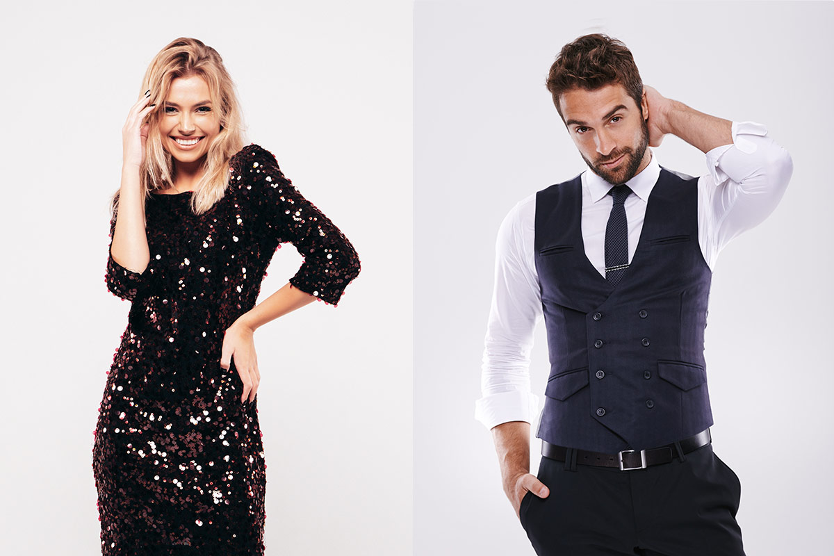 White 30-year-old woman posing in a black sequin dress and a white 35-year-old man posing while wearing a black vest over a white button-up and a tie. 