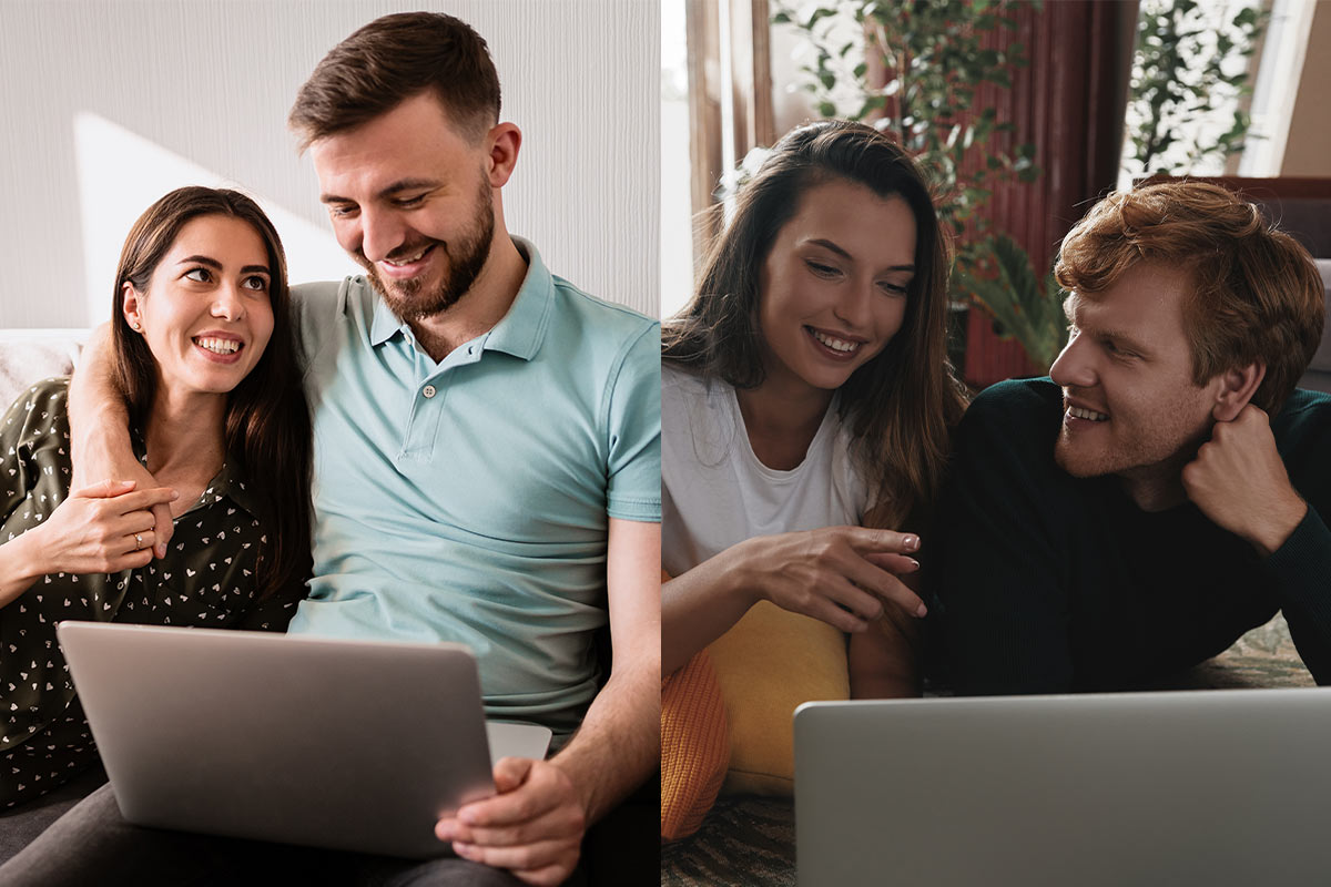 Two white 20 something heterosexual couples sitting together, using a laptop chatting with other couple virtually