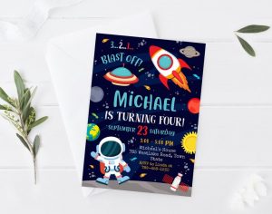 Blast off birthday party invitation. 