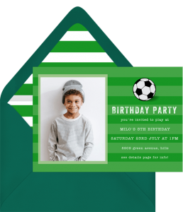 Green soccer party invitation  with a picture of a child on it