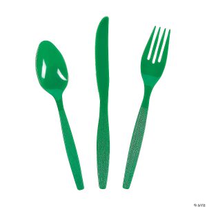 Green plastic spoon, plastic fork, and plastic knife