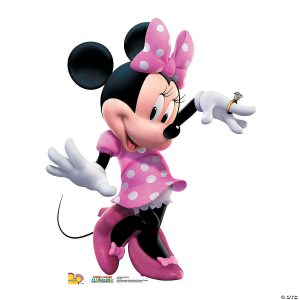 Cardboard stand-up of Minnie Mouse in a pink and white polka dot dress with a bow and slippers. She is wearing a ring on her gloved hands. 