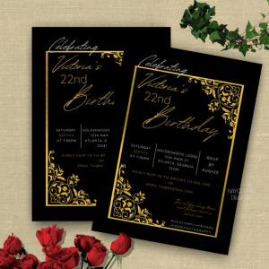 black and gold invitation with elegant font