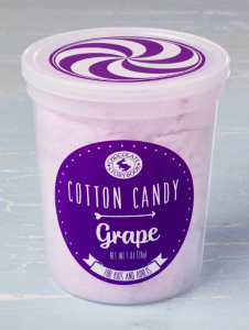 Container of grape-flavored cotton candy that has a purple label.