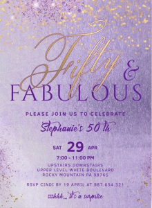 Glitter printed invitation with purple background. The text is in purple and gold letters.