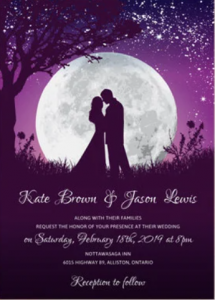 Romantic printed invitation with a couple at night standing on grass with a tree next to them. Behind them is the moon with a purple sky full of white stars.